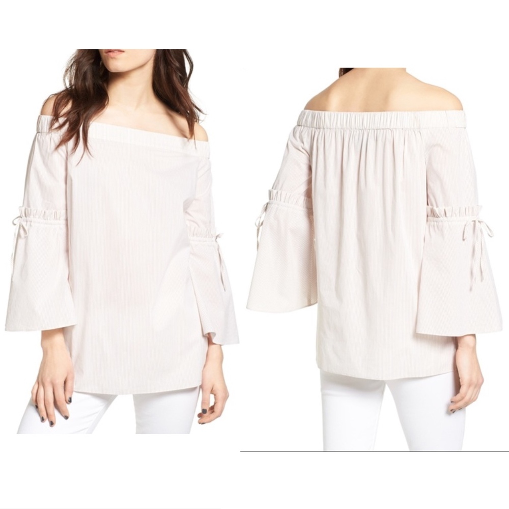 CHELSEA 28 White/Tan Stripes Off-Shoulders Top